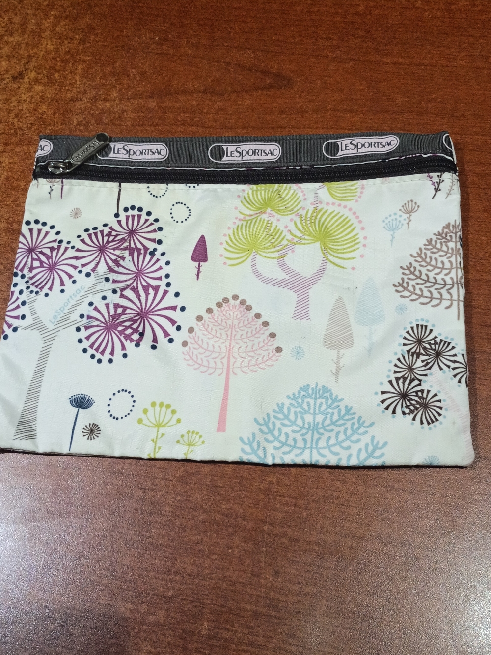LeSportsac Cream Floral Tree Print Zip Pouch with Black Trim